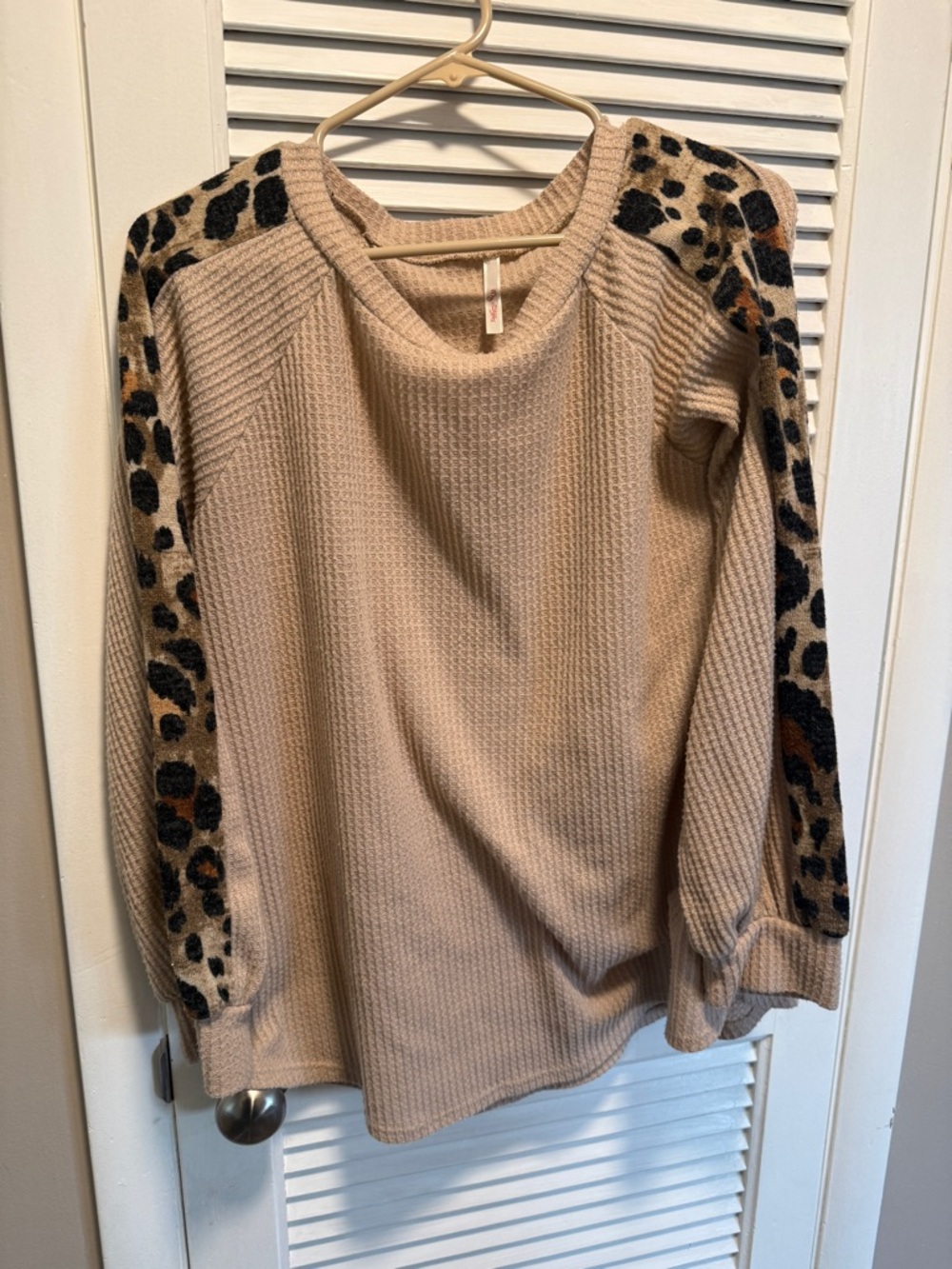 My Story Beige Waffle Knit Long Sleeve Top with Leopard Trim